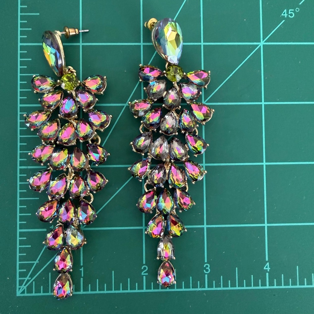 Chandelier Rhinestone Crystal Pageant Bridal Earrings AB Drop Dangle 4" Green - Picture 3 of 10